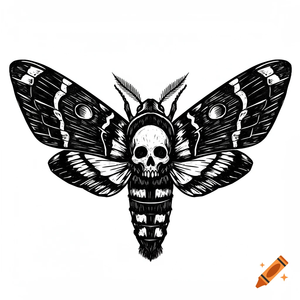 A monochrome linoprint illustration of a Death's-head hawkmoth with a skull pattern on its thorax.