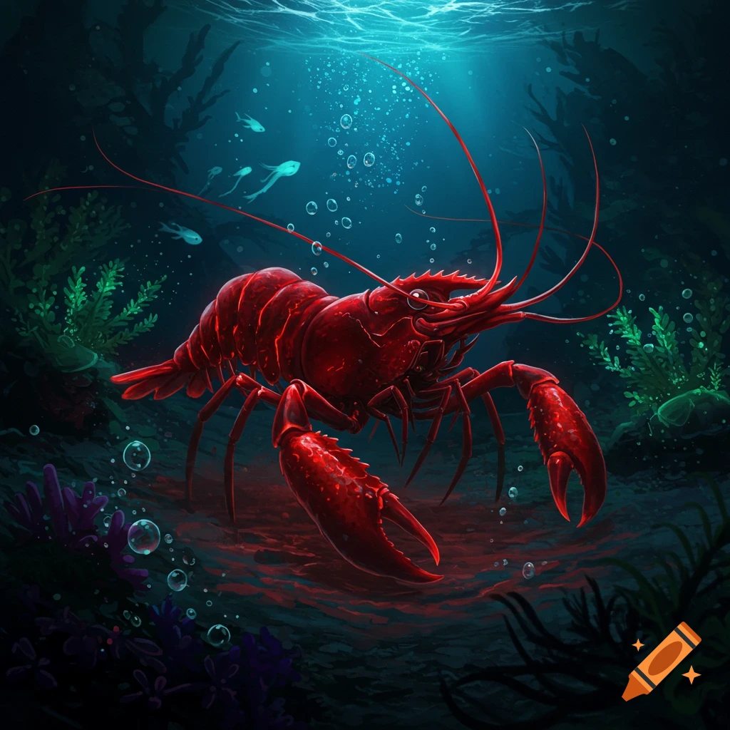 A vibrant red demon shrimp with long antennae and claws, glowing brightly in the dark blue depths of the ocean amidst bubbles and plant life.
