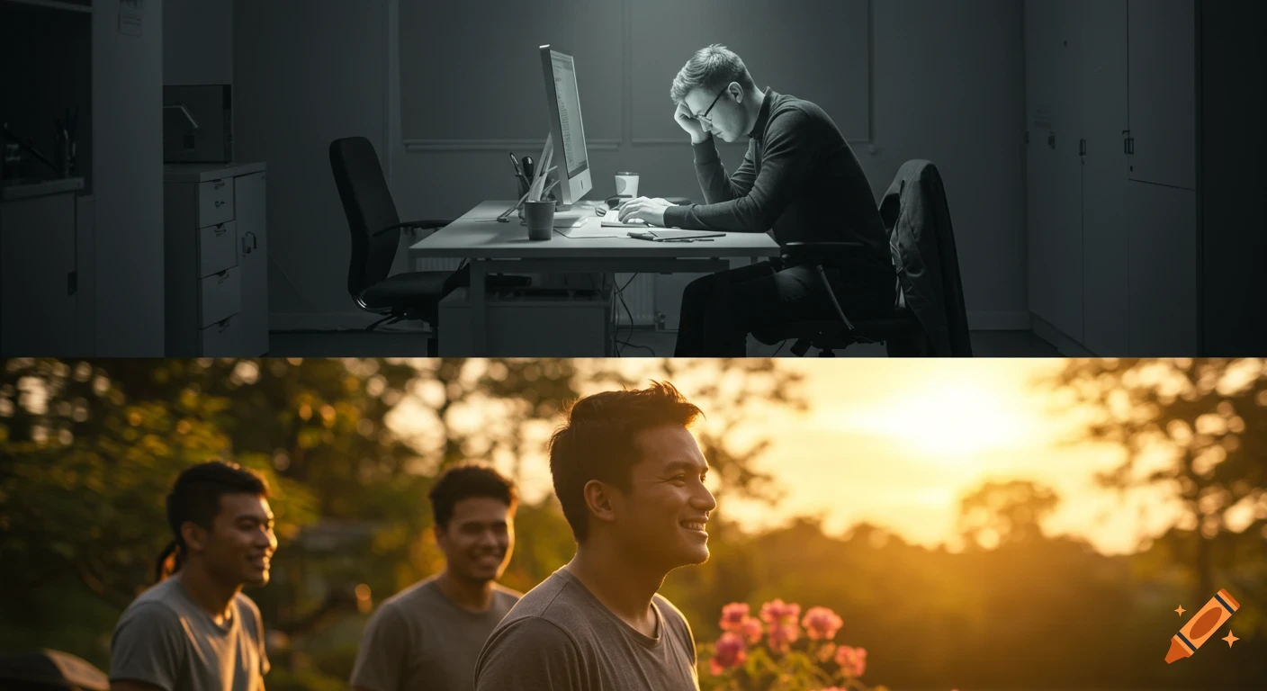 Split image showing a man working stressed in a dim office above three smiling men relaxing in warm sunlight outdoors.