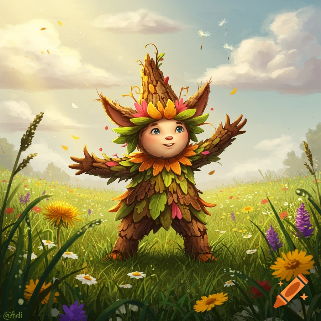 Whimsical forest spirit character made of leaves and bark, standing in a sunny meadow filled with colorful flowers.