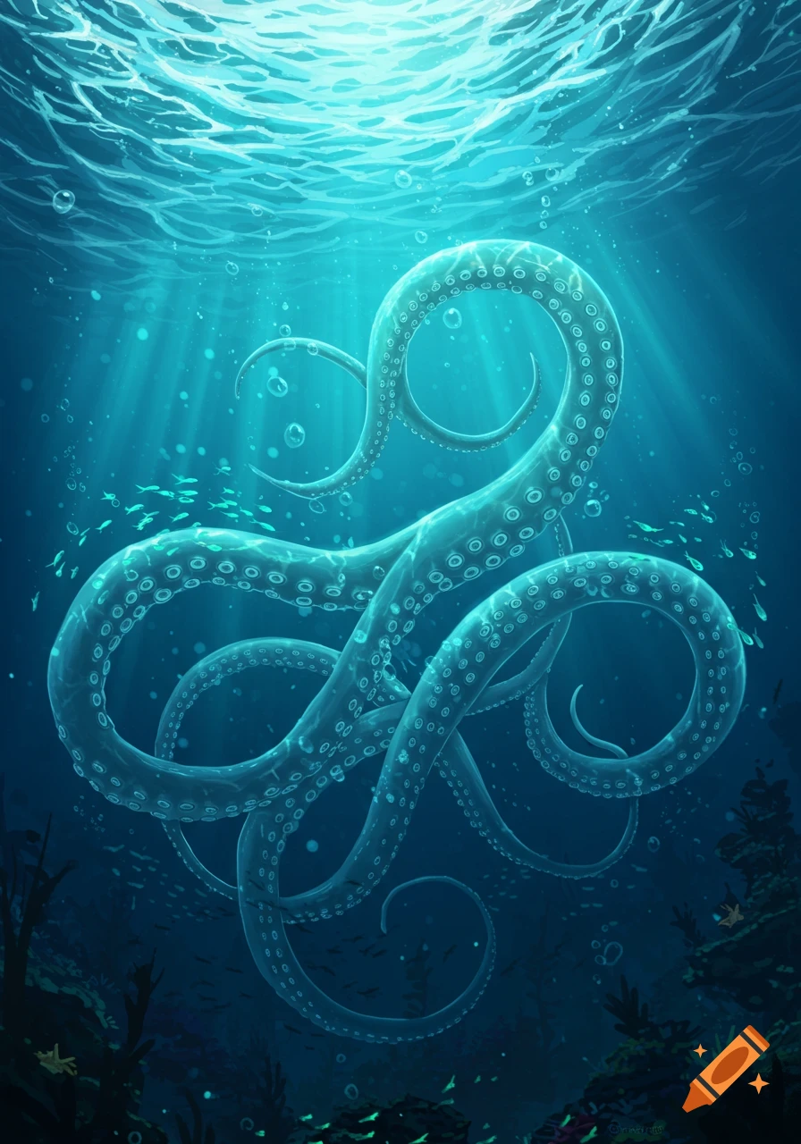 Vibrant illustration of a translucent blue octopus with glowing suckers swimming in deep blue water with fish and coral below. Light rays pierce the surface.