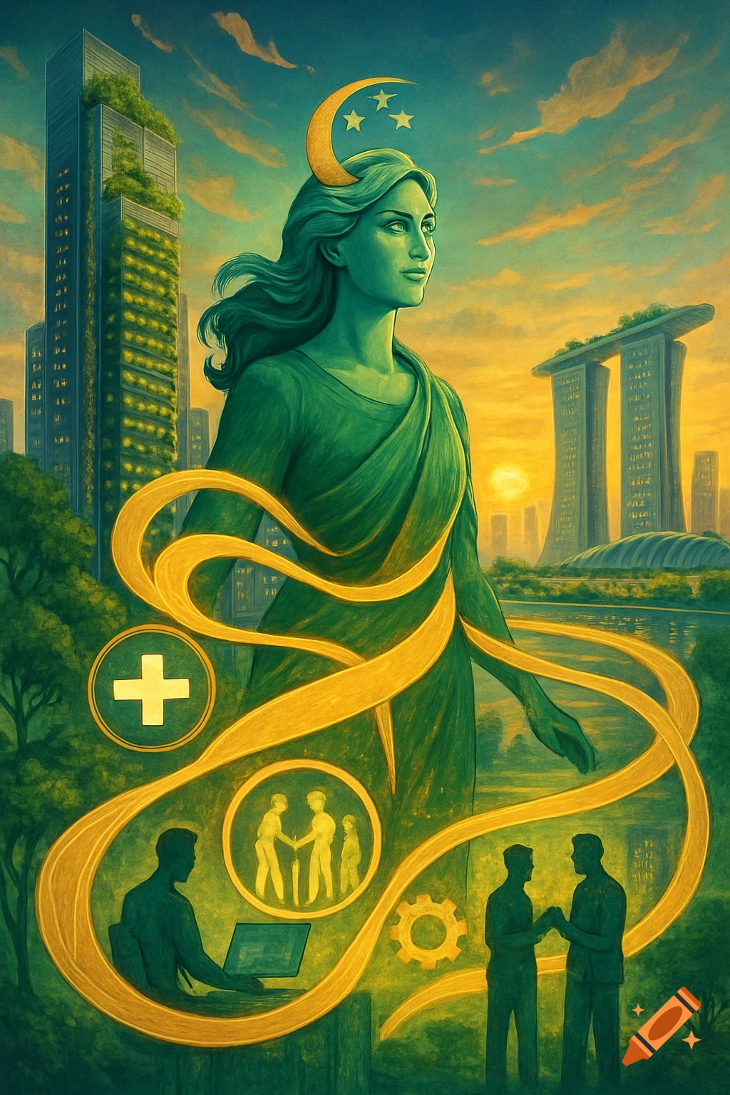 A green-skinned woman with a crescent moon and stars on her head stands before a futuristic, green cityscape at sunset, intertwined with golden ribbons and symbols of health, technology, and collaboration.