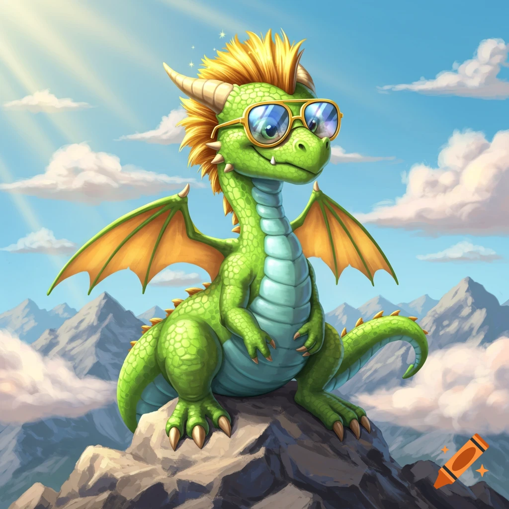 A cute, green cartoon dragon with yellow spiky hair and blue sunglasses sits on a rocky mountain peak under a sunny sky.
