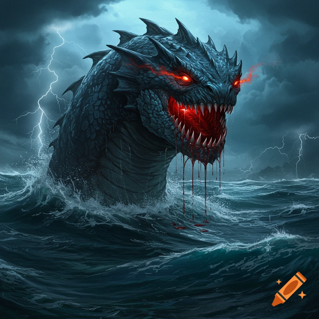 A terrifying, scaly sea monster with glowing red eyes and bloody fangs emerges from stormy dark ocean water with lightning.