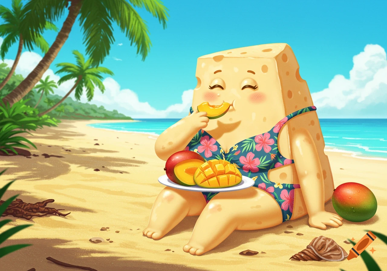 A cartoon cheese block in a floral bikini sits on a sandy beach under palm trees, happily eating a slice of mango from a plate of mangoes.