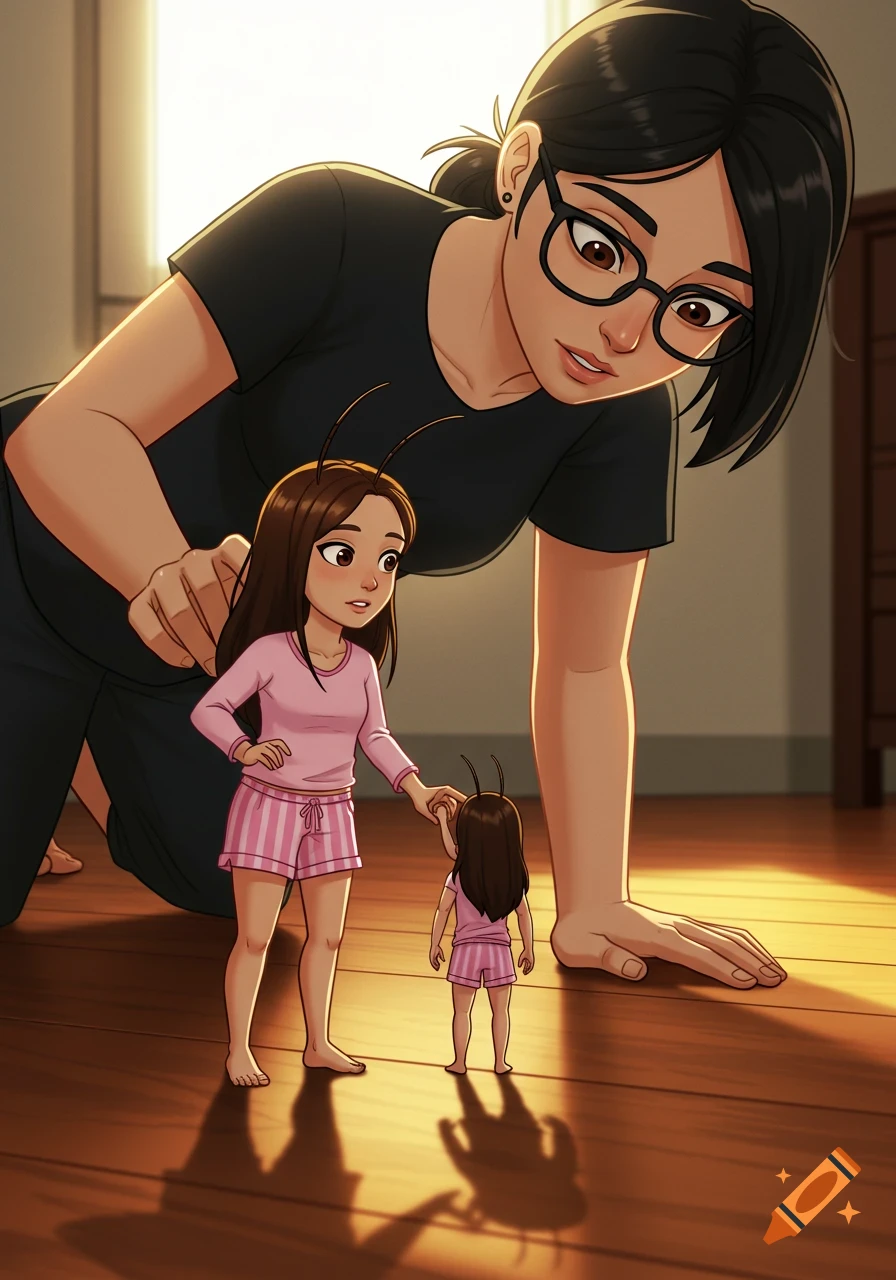 A large woman with black hair and glasses leans down to look at and hold hands with a tiny woman in pink pajamas, both standing on a wooden floor.
