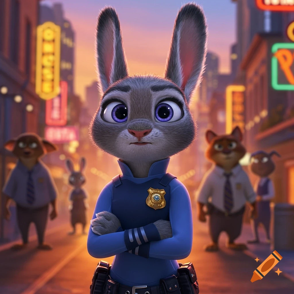 Cartoon rabbit Judy Hopps in police uniform stands with arms crossed on a city street at dusk, with other anthropomorphic animals in the blurred background.
