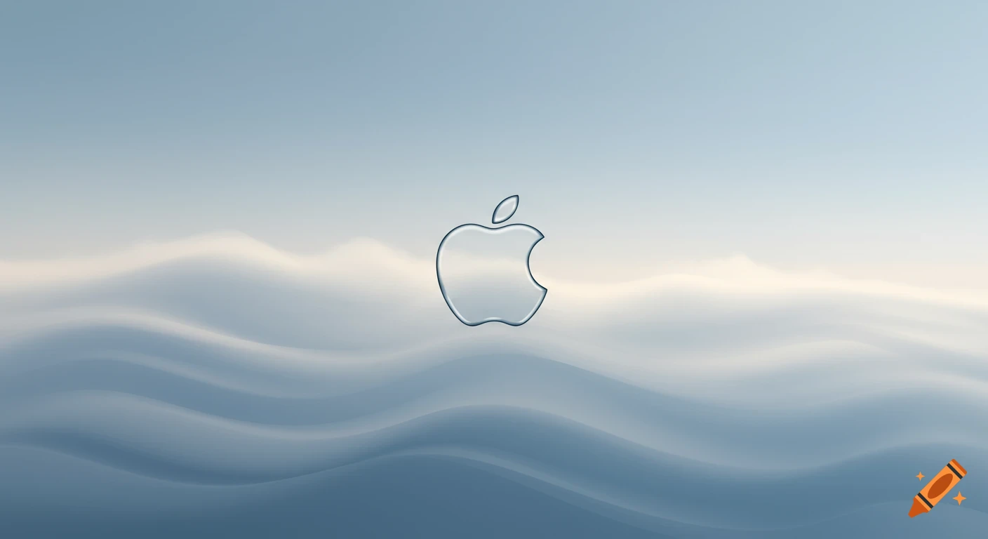 An outline of the Apple logo centered on a light blue background with soft, flowing white and blue wavy patterns below it.