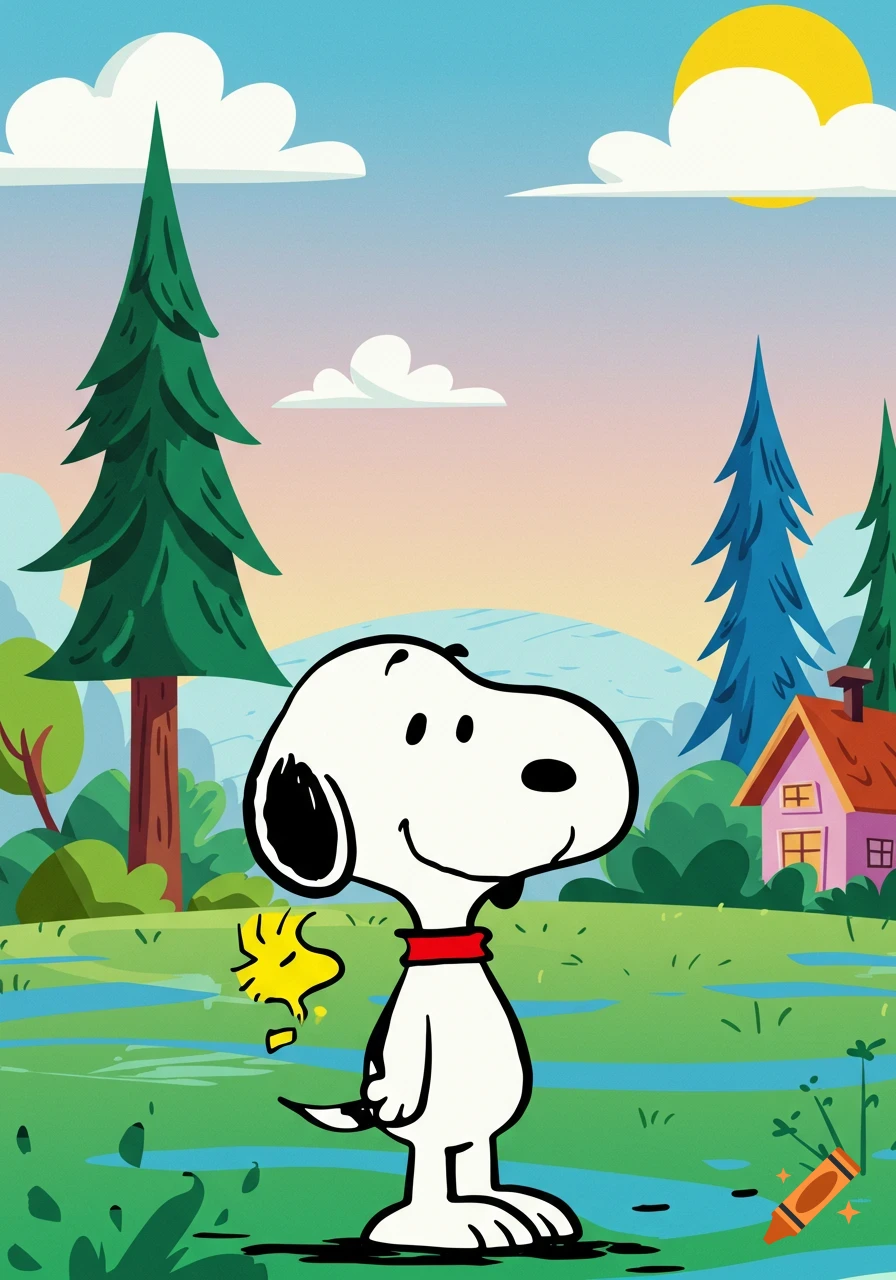 Snoopy and Woodstock stand smiling in a vibrant cartoon landscape with green grass, trees, a pink house, clouds, and a sun.