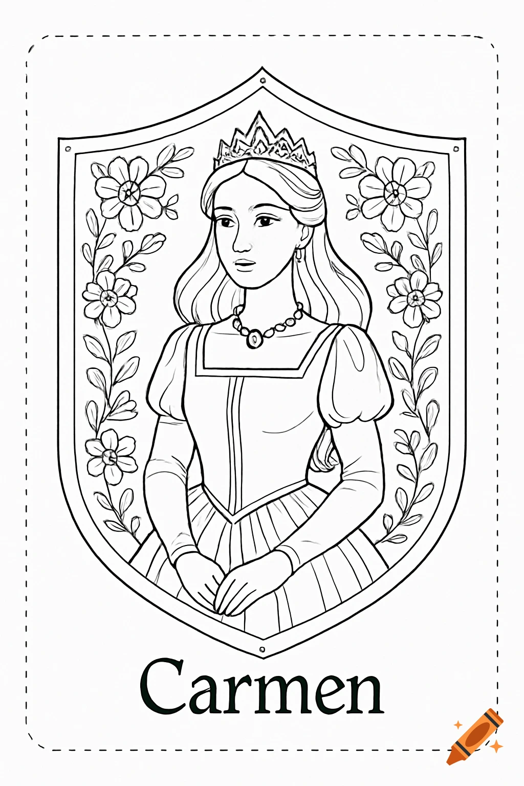 Black and white line drawing of a princess in a crown and elegant dress, framed by a floral shield, with 'Carmen' below. Coloring page.