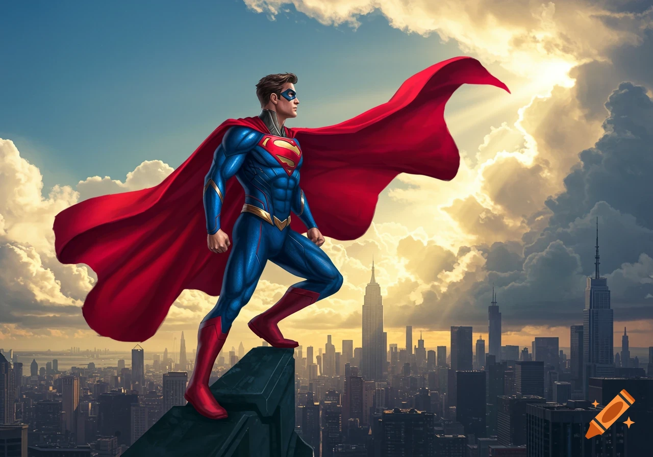 Superhero in a blue and red suit with a flowing red cape stands atop a skyscraper, overlooking a city skyline at sunset.