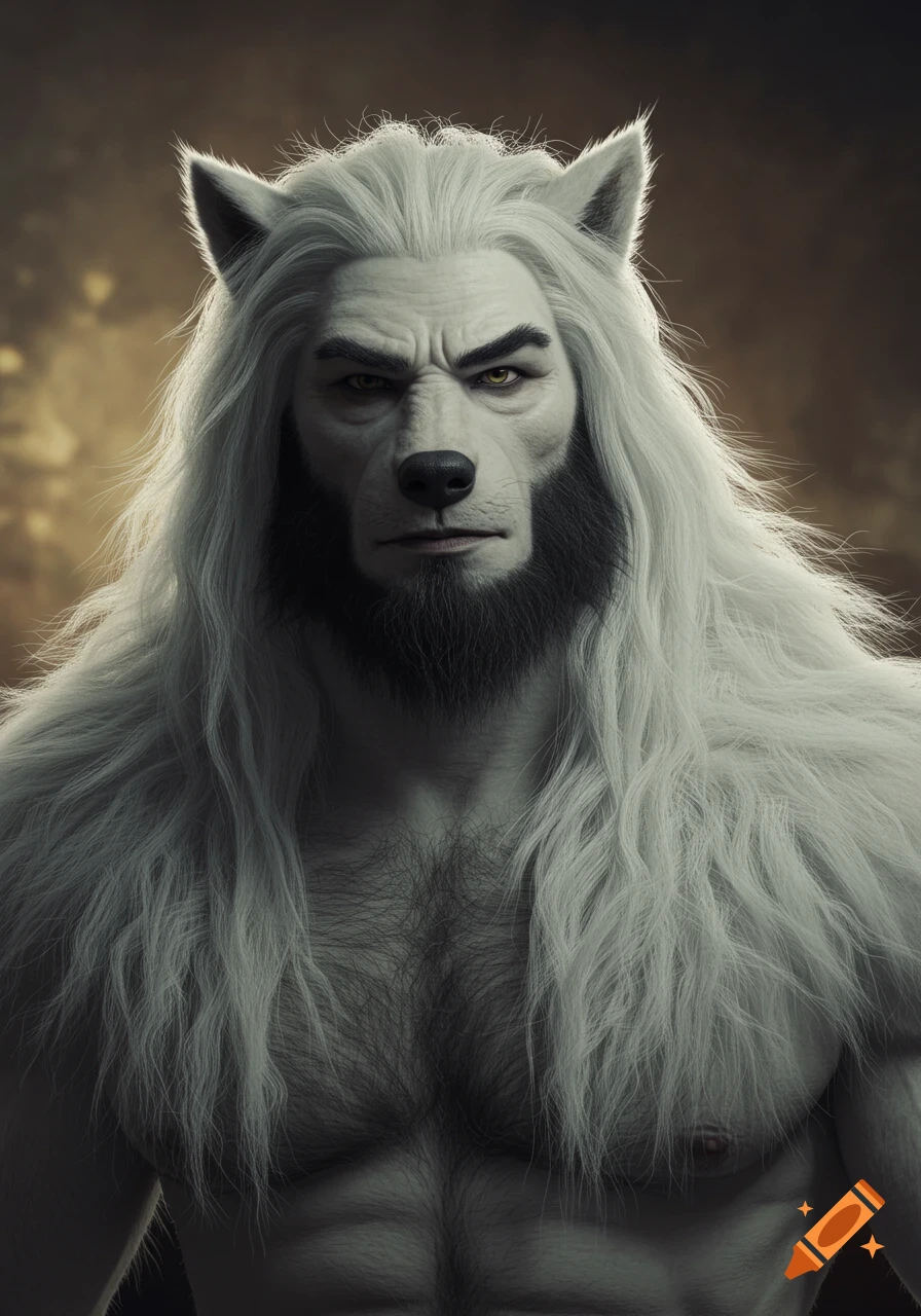 A muscular, white-furred anthropomorphic wolf with long white hair, black beard, and chest hair, staring forward.