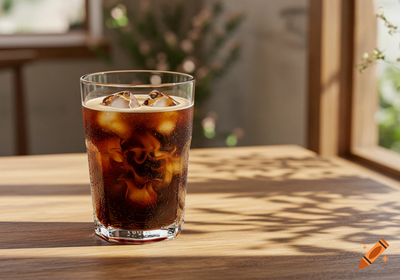 Photorealistic iced Americano coffee in a glass with ice on a wooden cafe table, blurred background.