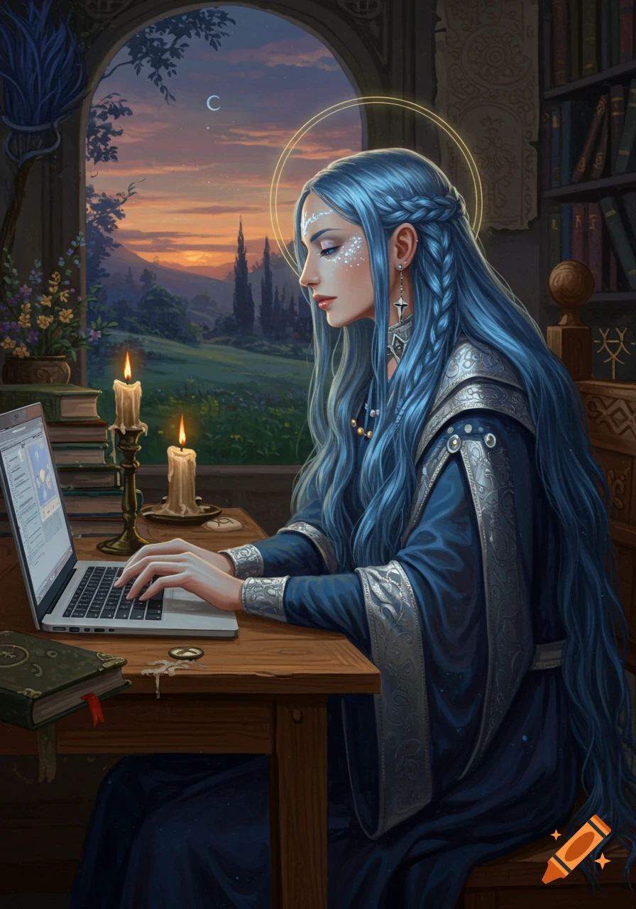 A blue-haired witch in a Renaissance-style setting sits at a wooden desk, typing on a modern laptop with candles and books nearby, a sunset landscape visible through an archway.
