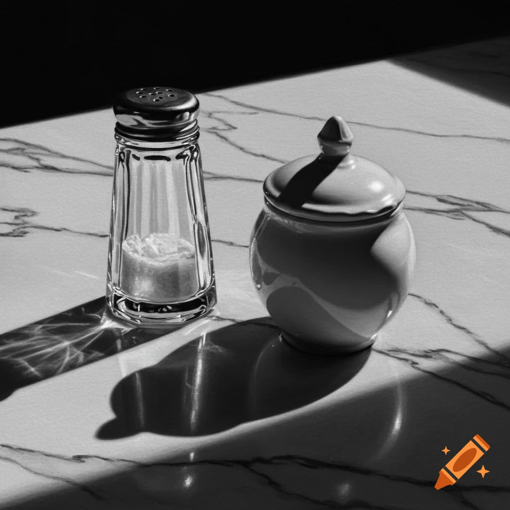 A black and white still life of a glass salt shaker and a ceramic lidded jar on a marble surface, casting dramatic shadows.