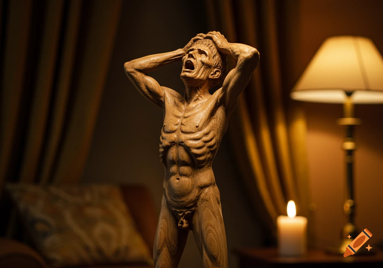 Detailed wooden sculpture of a man in agony, clutching his head, in a dimly lit room with a lamp and candle.