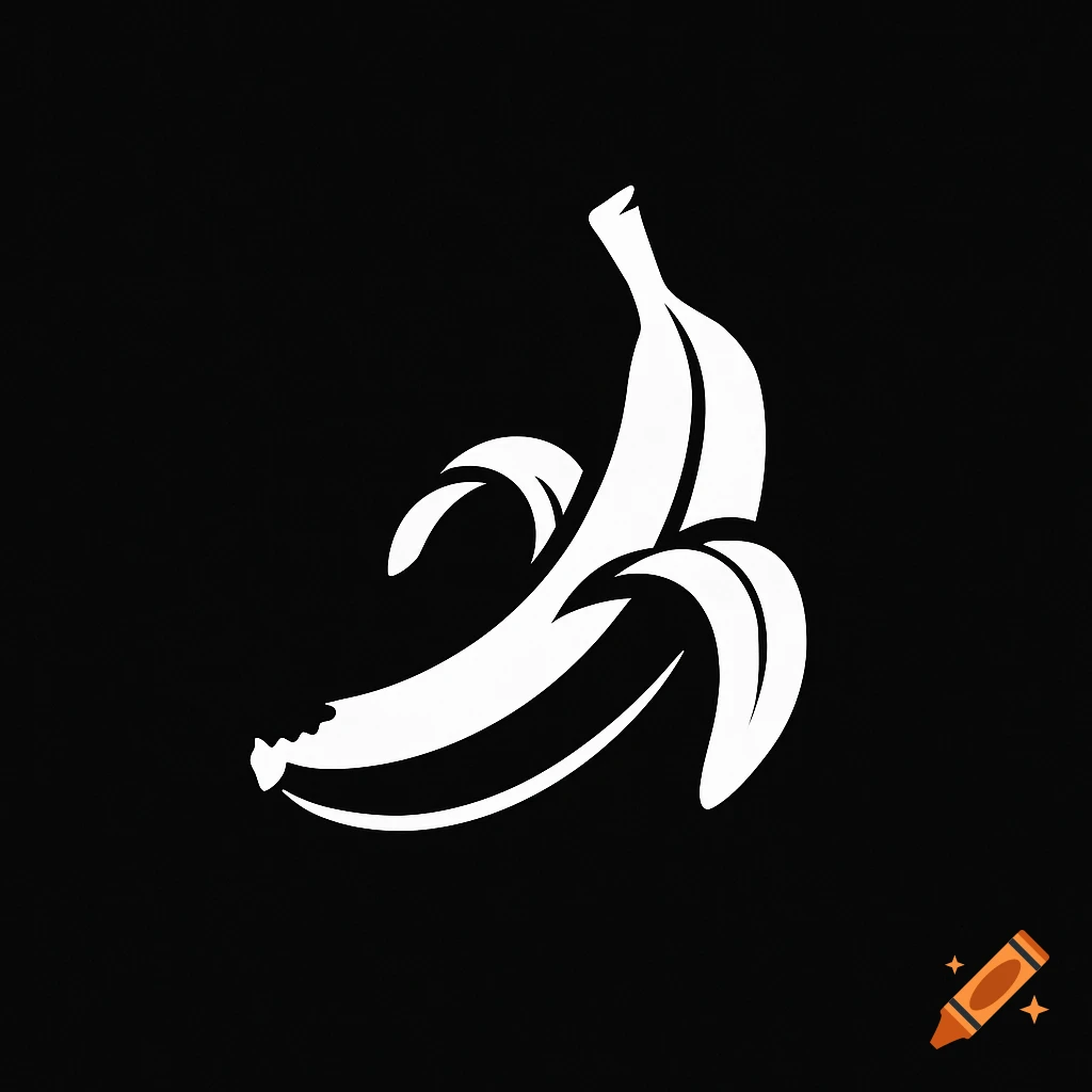 Minimalist logo of a white, peeled banana with a bite taken out, on a black background.