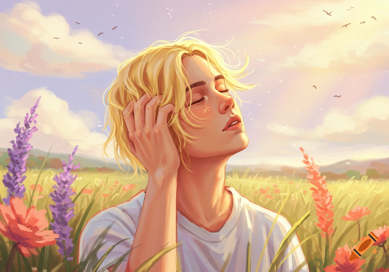 An illustrative portrait of a blonde person with eyes closed, hand in hair, standing in a sunny field of wildflowers.