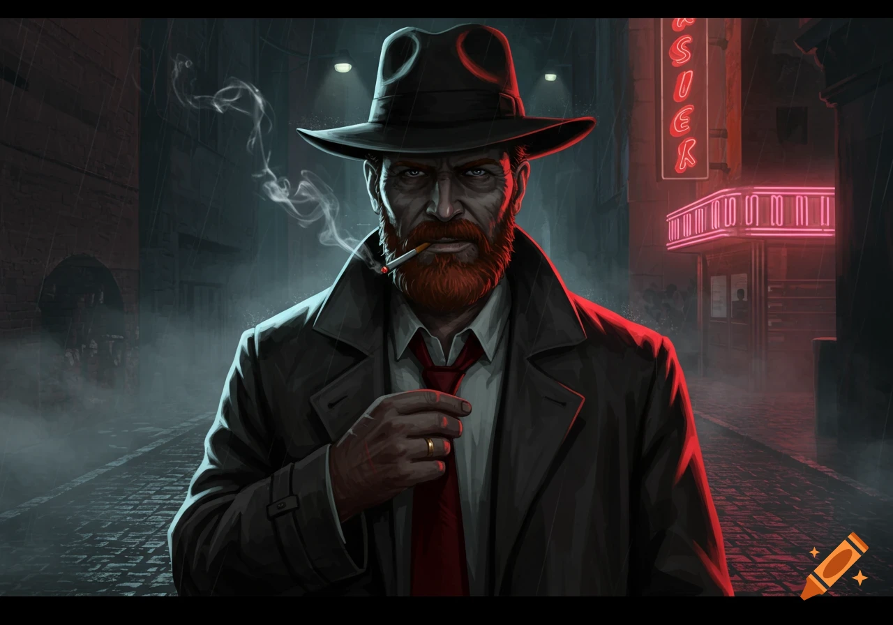 A red-bearded man in a fedora and trench coat smokes a cigarette in a rainy alley with neon lights, in a noir illustration style.