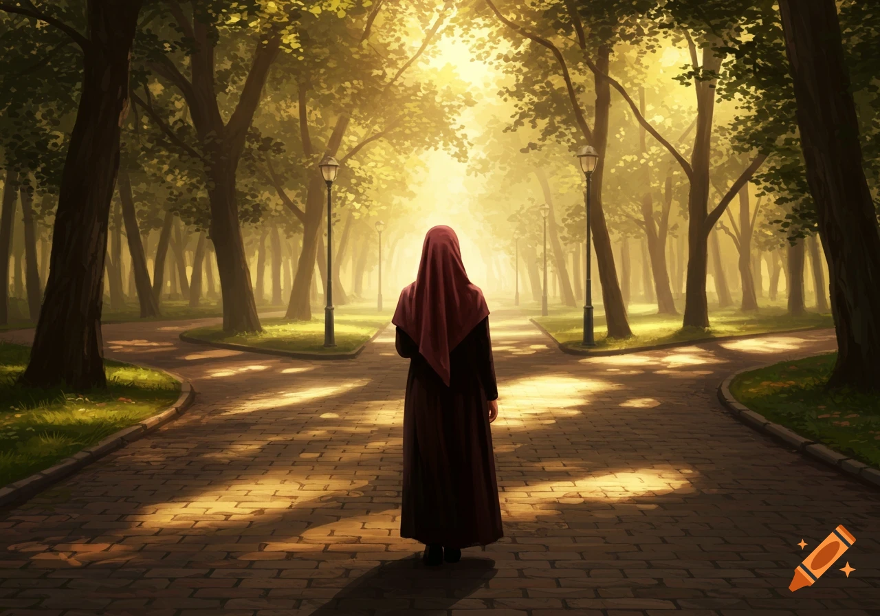A person in a red hijab stands on a diverging path in a sunlit park, viewed from the back in a stylized illustration.