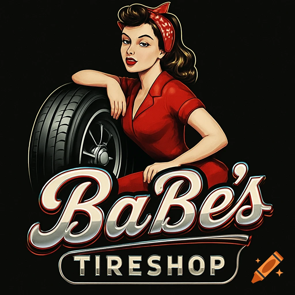 Retro illustration of a pin-up girl in a red jumpsuit leaning on a car tire, part of a BaBe's TIRESHOP logo.