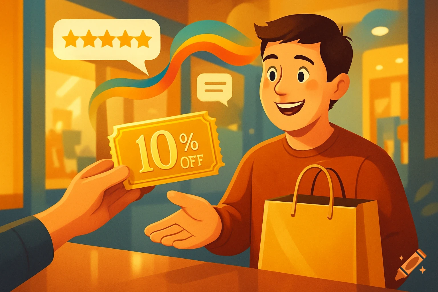 A cartoon man smiles as he receives a "10% OFF" coupon, with a five-star review and a rainbow trail behind him, in a shop setting.