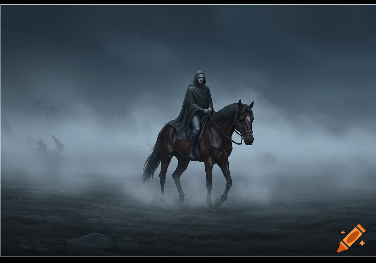 A cloaked figure on a brown horse walks through a dense, low-lying fog in a dark, desolate landscape, rendered in a digital painting style.