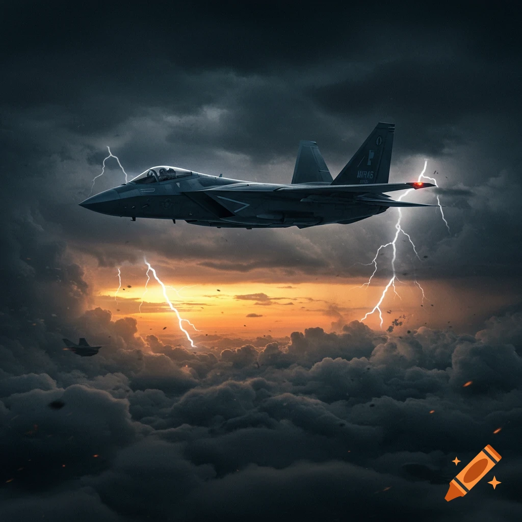A military fighter jet flies through a dark, stormy sky with lightning and clouds during sunset.