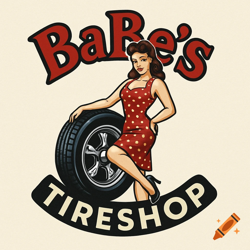 Retro logo of a pin-up girl in a red polka-dot dress leaning on a car tire, with 'BaBe's TIRESHOP' text.