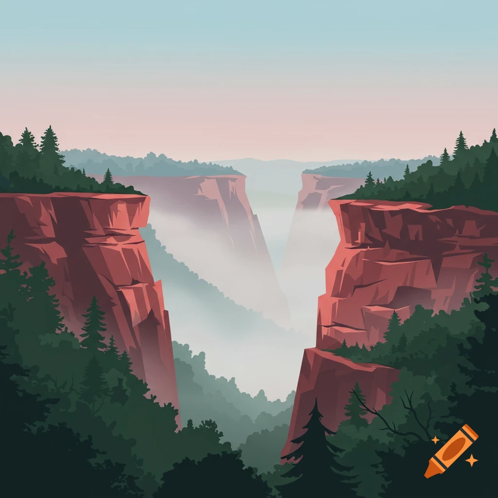 Stylized illustration of a valley with red rock canyons and green trees, filled with mist under a soft pink and blue sky.