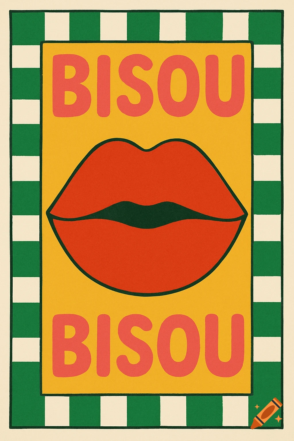 A retro pop art illustration featuring large red lips on a yellow background, framed by green and white stripes. The word "BISOU" appears twice in pink lettering.