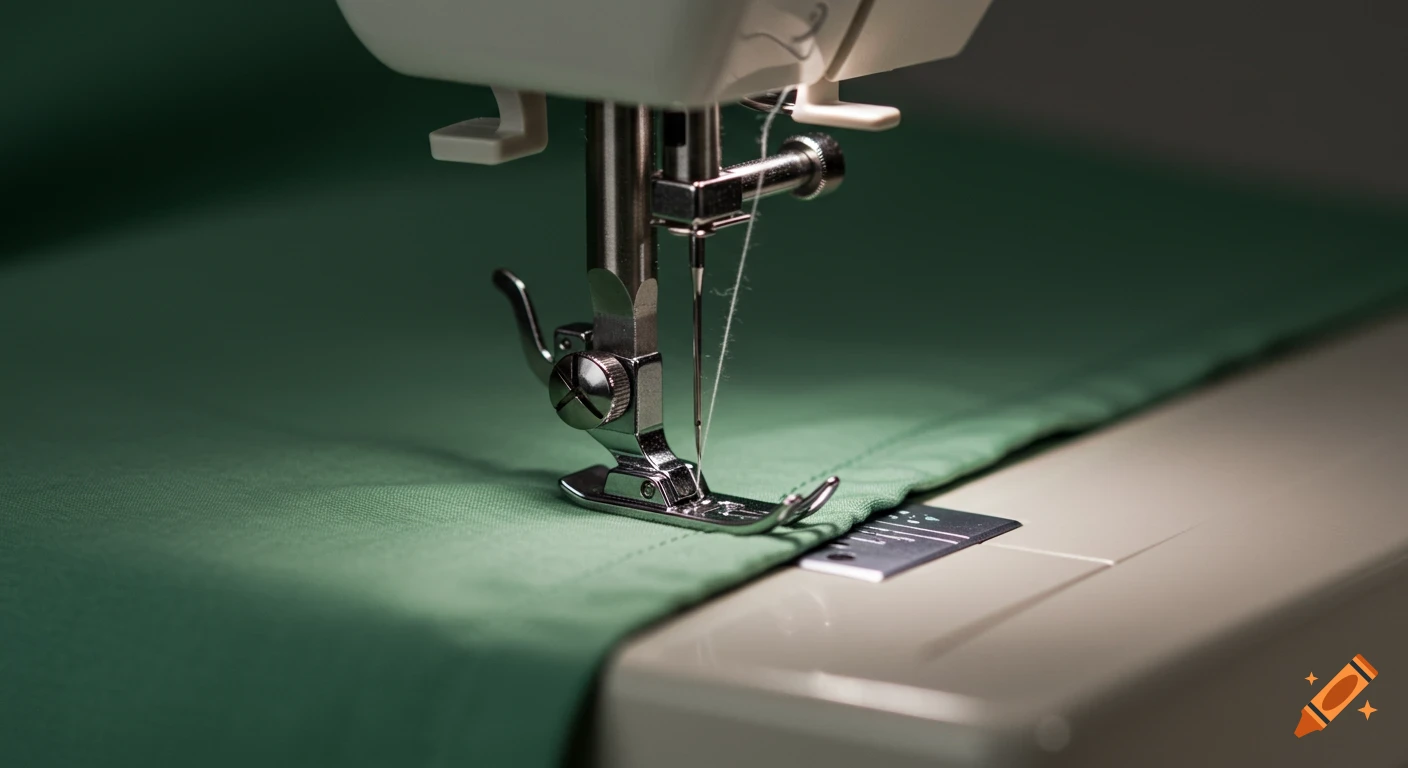 Close-up of a sewing machine needle and presser foot working on light green fabric.