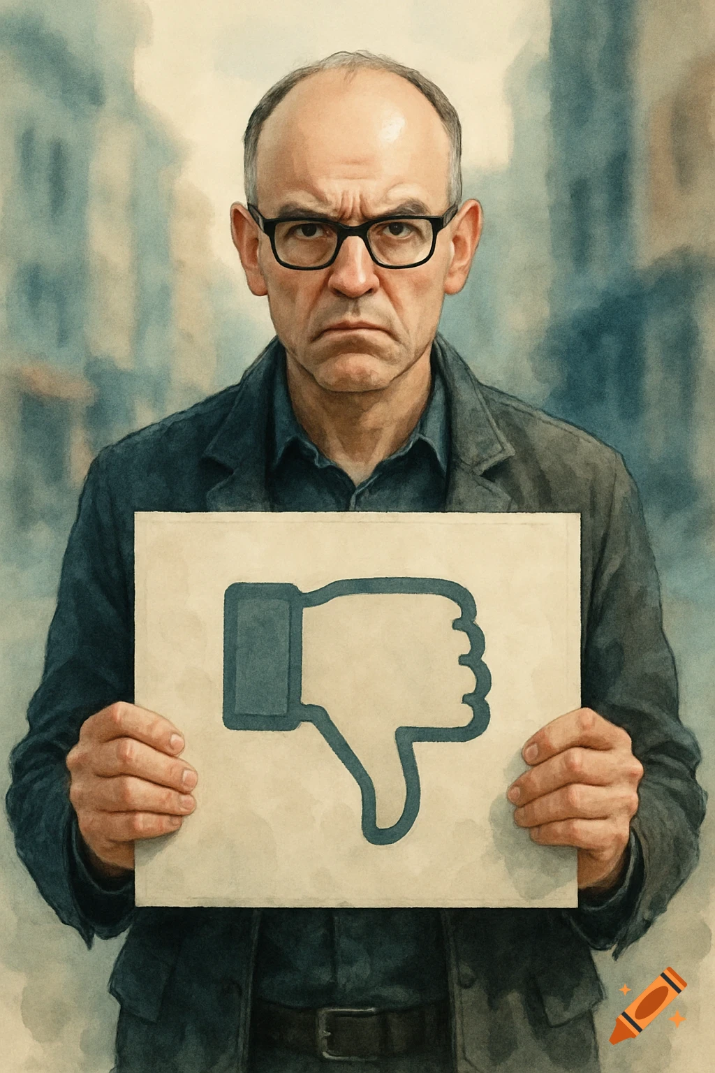 Upset man with glasses and shaved head holding a thumbs-down sign in a watercolor painting style.