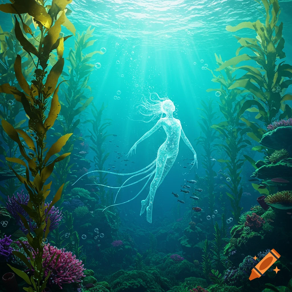 An ethereal, glowing humanoid figure swims upwards in a vibrant underwater kelp forest, surrounded by coral and fish, with sun rays from above.