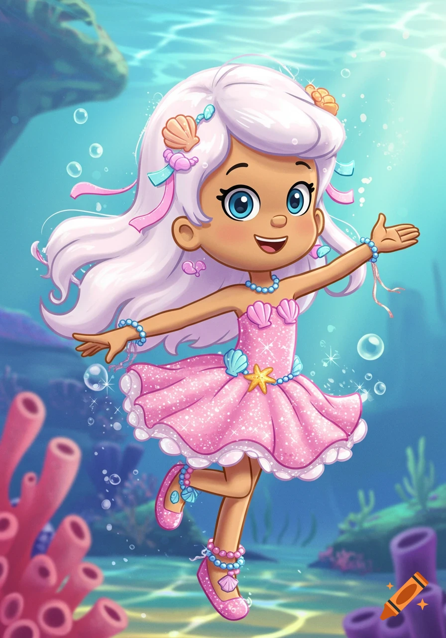 A cartoon girl with white hair and light brown skin in a sparkly pink dress with seashell details swims underwater among coral and bubbles.