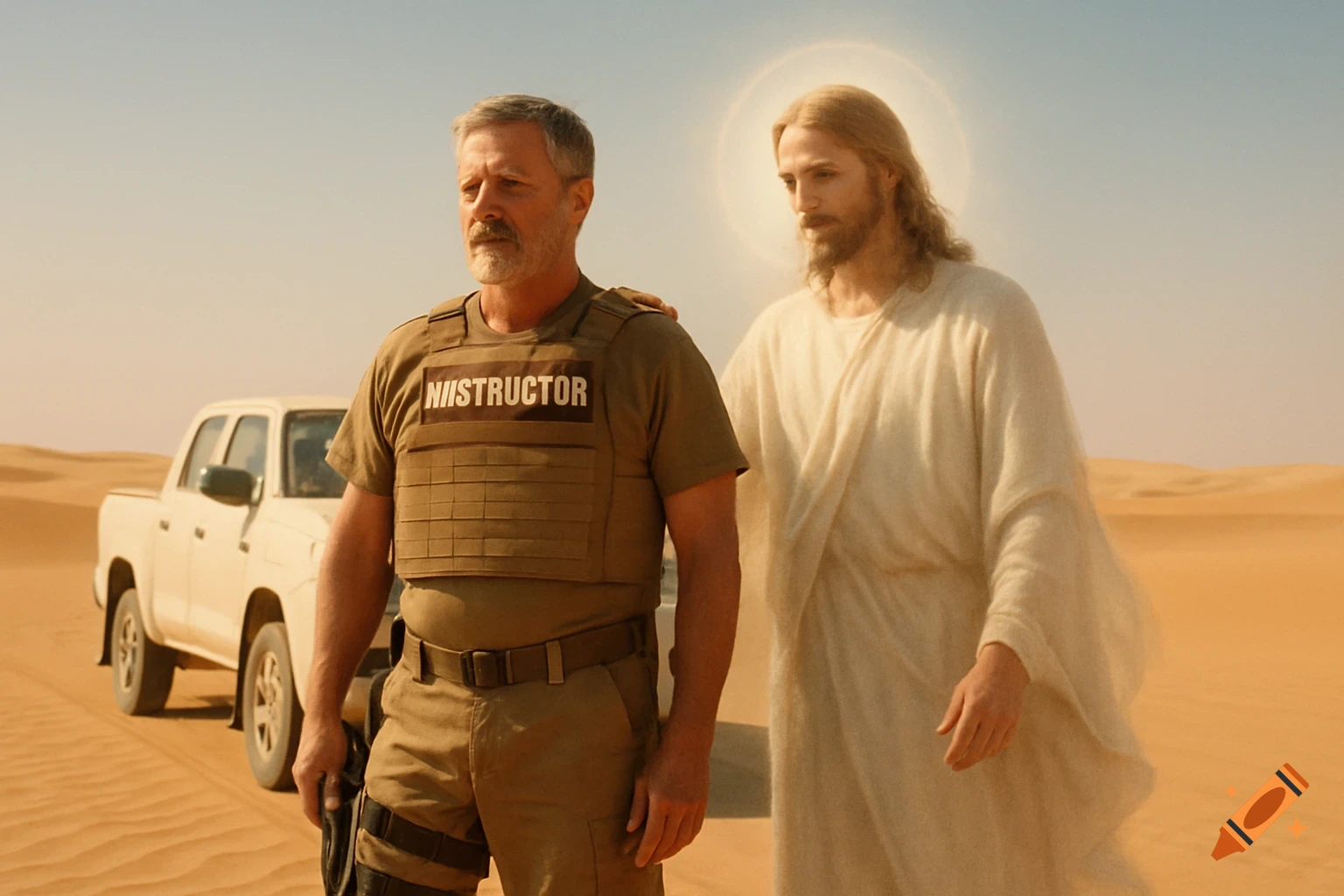 A man in tactical gear stands in a desert next to a white pickup truck, with a ghostly Jesus figure behind him.