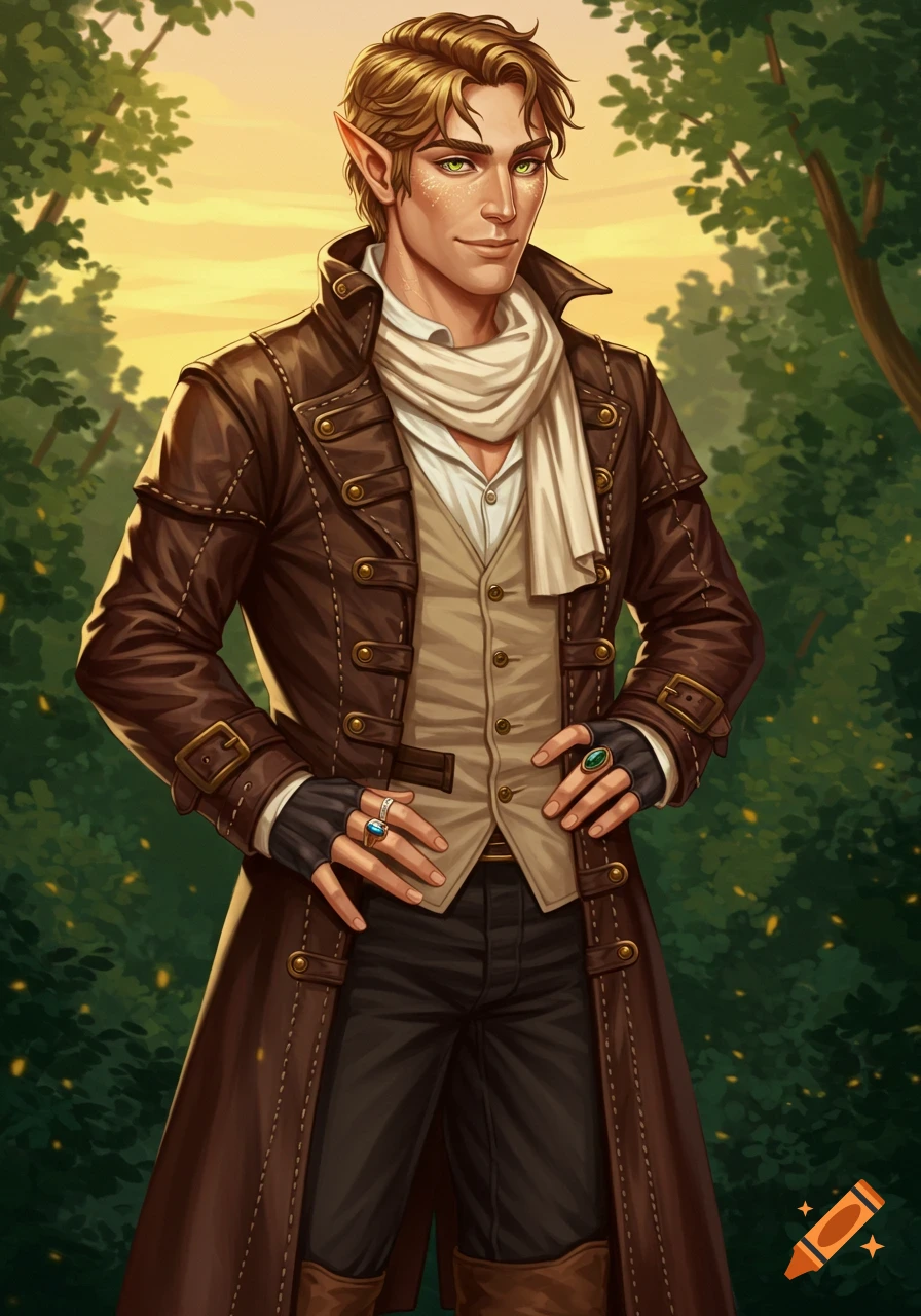 A male half-elf with golden-brown hair and green eyes in a brown leather coat, white scarf, and fingerless gloves stands in a forest.