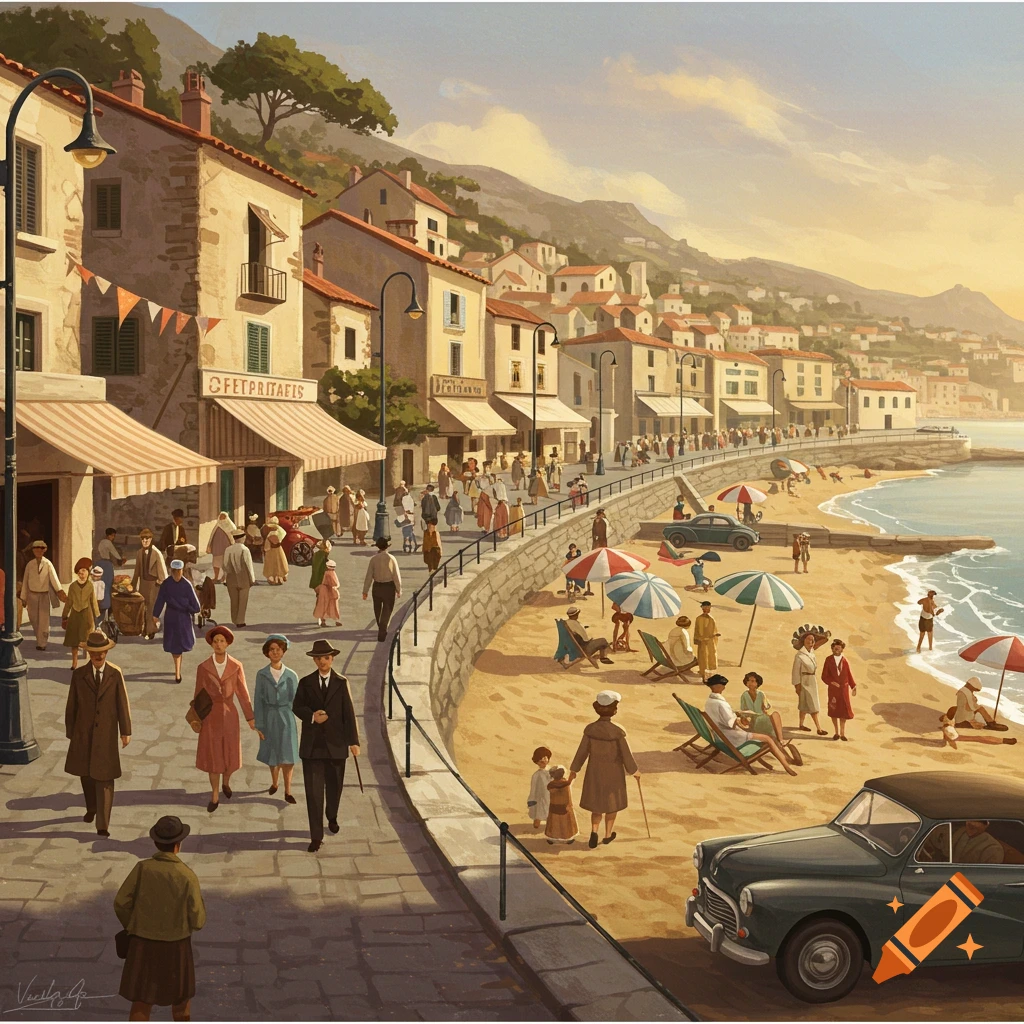Painting of a 1950s seaside town with people strolling on a promenade and relaxing on a sandy beach.