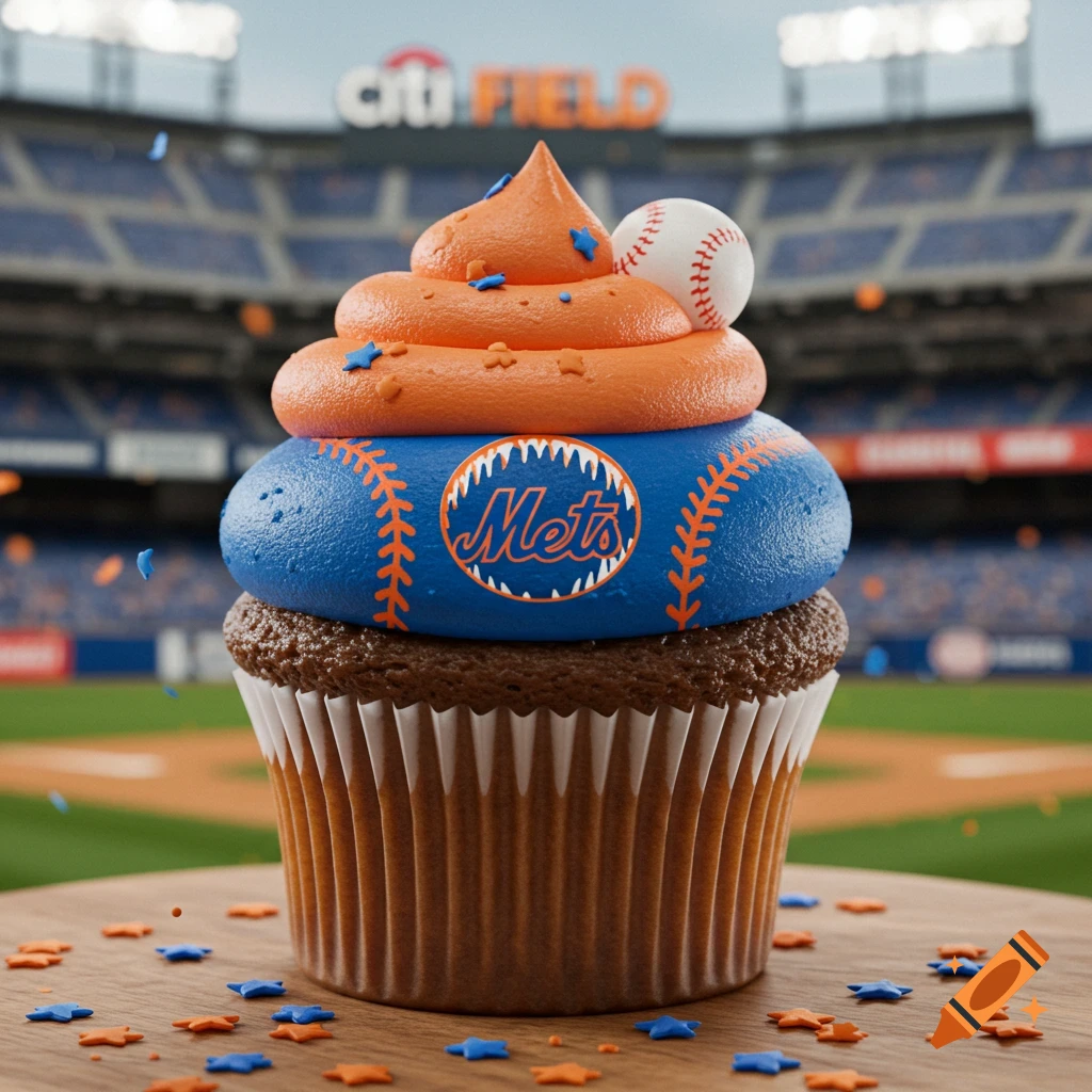 A photorealistic New York Mets cupcake with blue and orange frosting, a mini baseball, and star sprinkles, set against a blurry Citi Field.