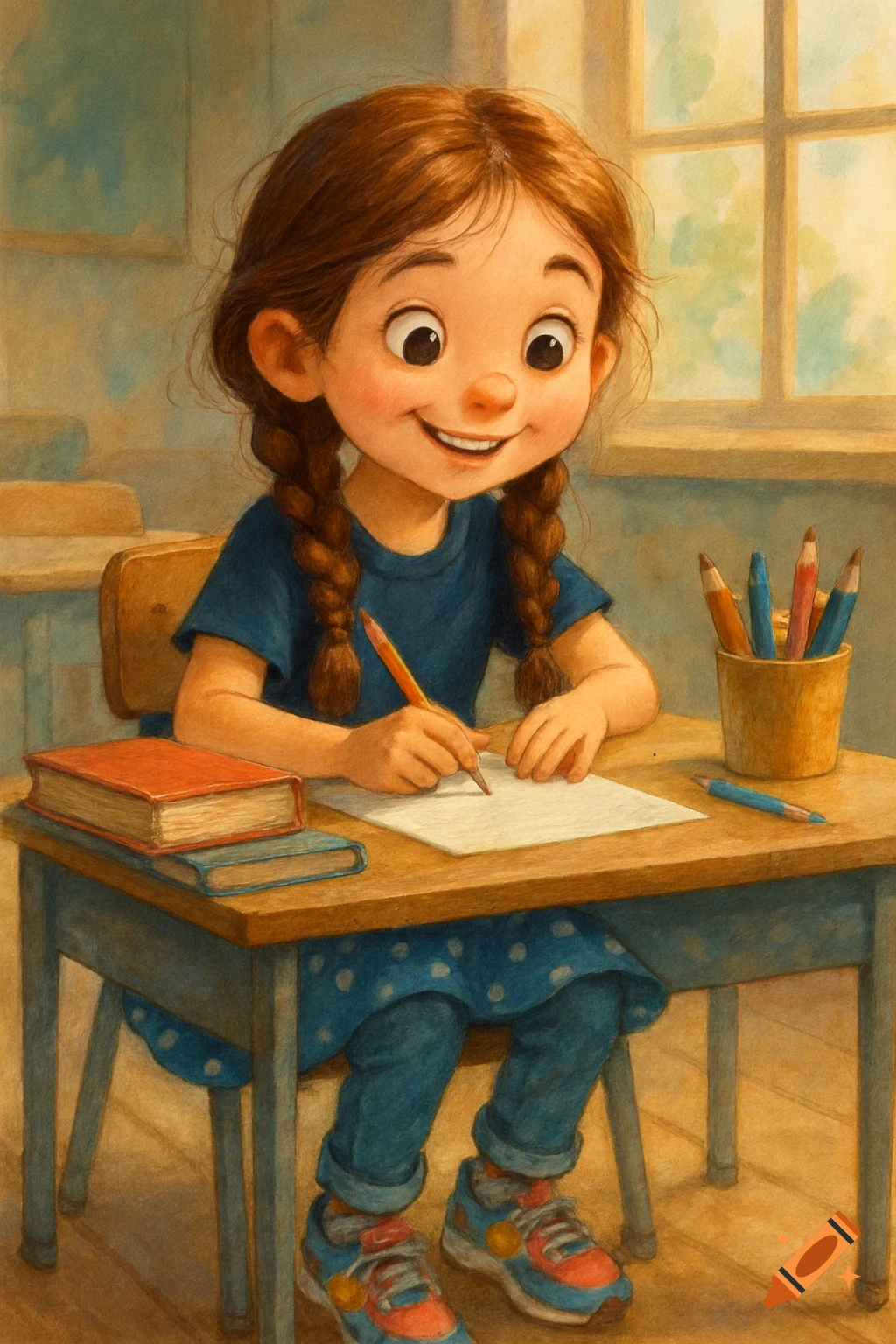 A happy girl with braided pigtails sits at a school desk, drawing on a paper with a pencil, surrounded by books and colored pencils.