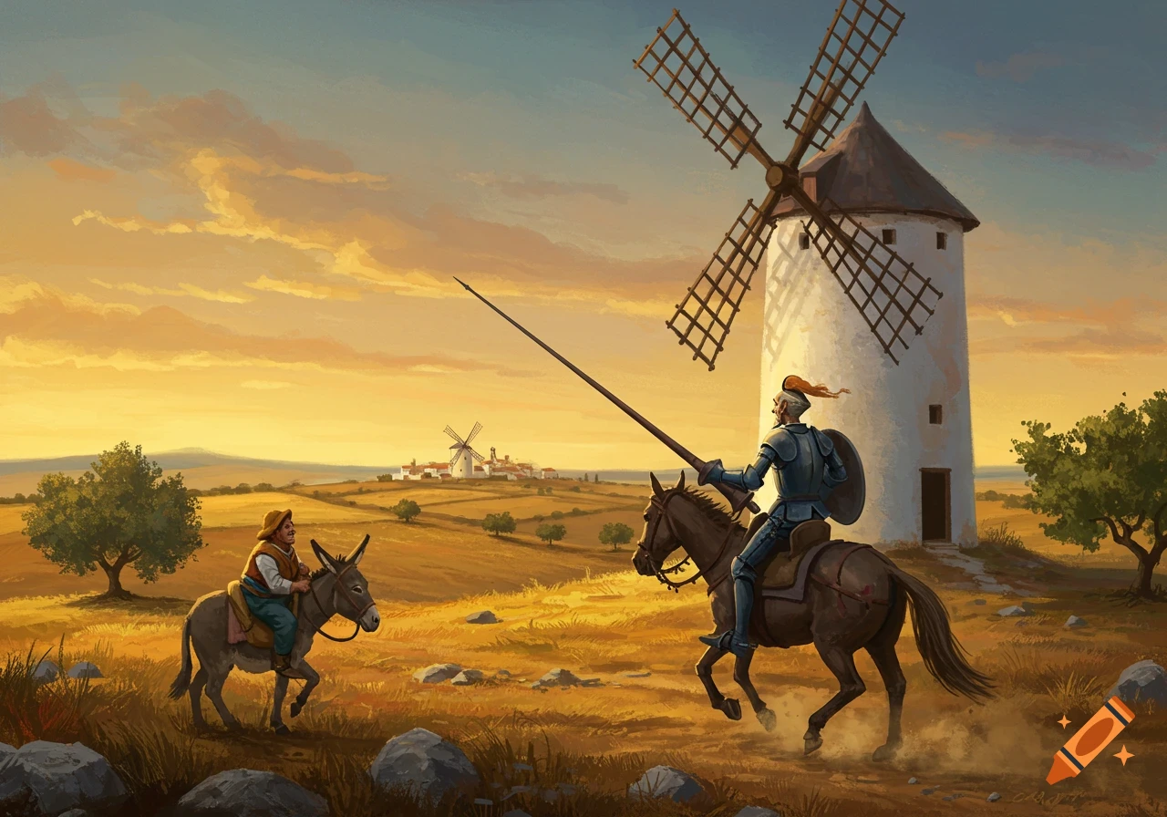 Stylized illustration of Don Quixote on horseback with a lance charging a windmill, with Sancho Panza on a donkey beside him, at sunset.