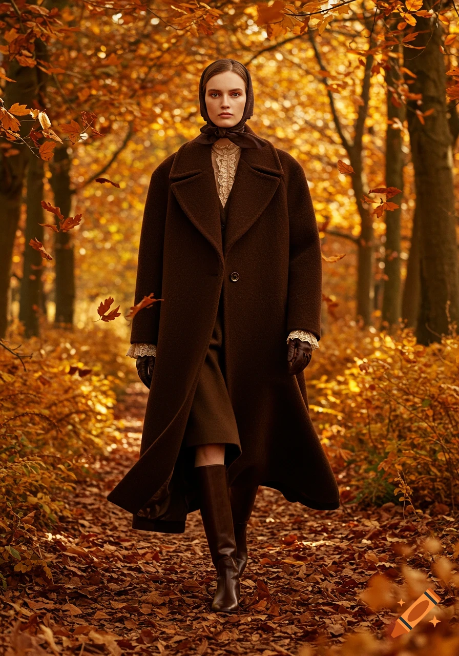 A woman in a chocolate brown overcoat, equestrian boots, and headscarf walks through a golden autumn forest covered in fallen leaves. Photorealistic.