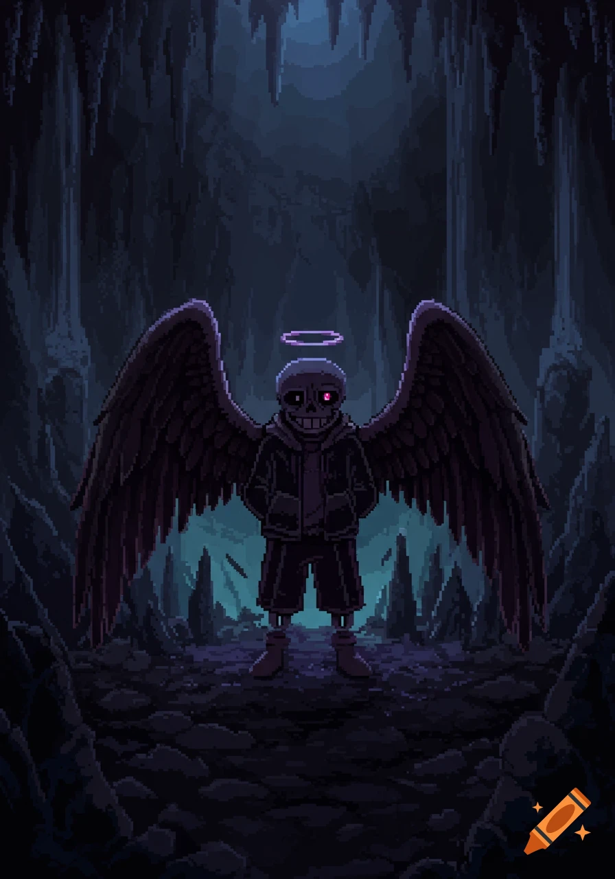 A pixel art dark angel skeleton with large black wings and a glowing purple halo stands in a shadowy cave.