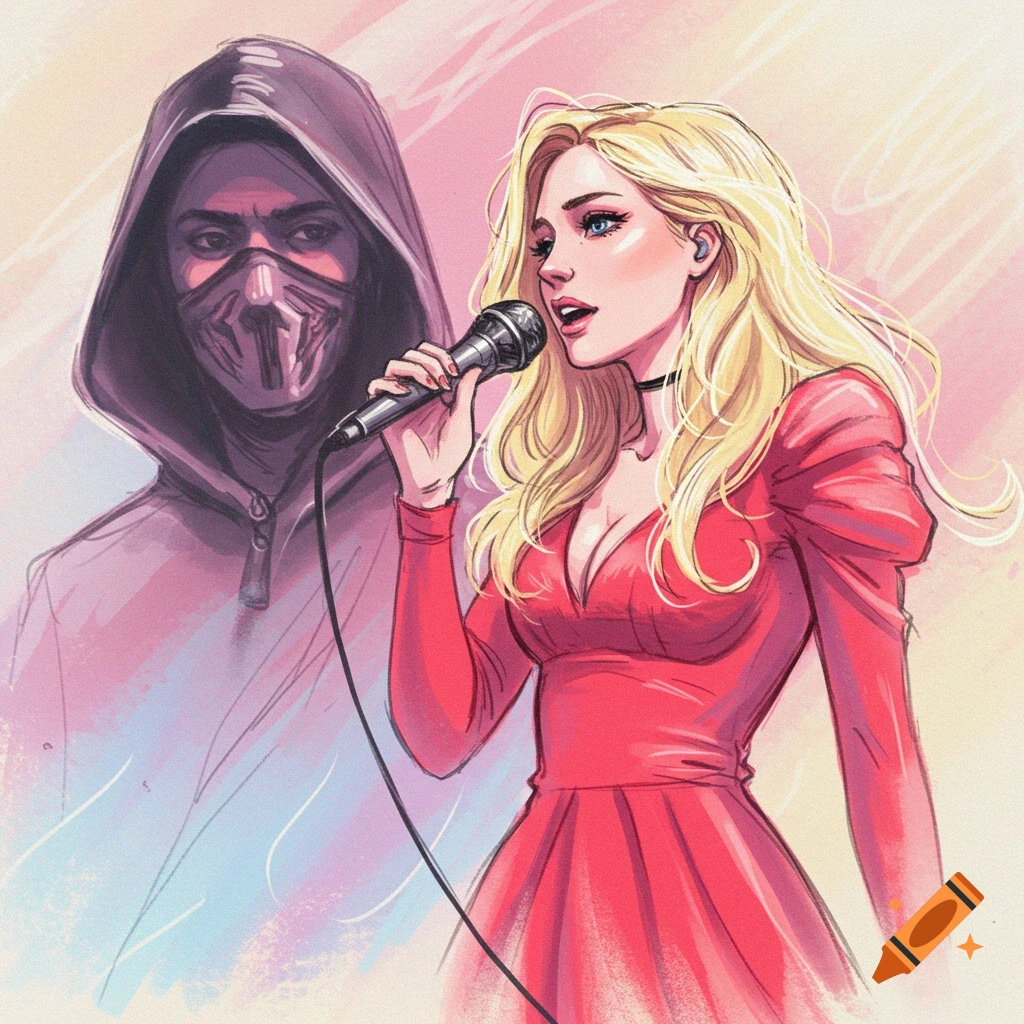 Artistic sketch of a blonde woman in a red dress singing into a microphone, with a hooded, masked man subtly in the background, in pastel colors.