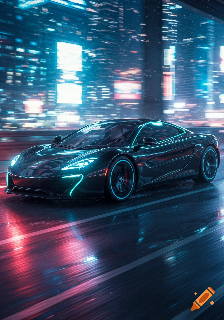 Sleek dark sports car with glowing blue lights on a wet road at night, blurred neon city background.