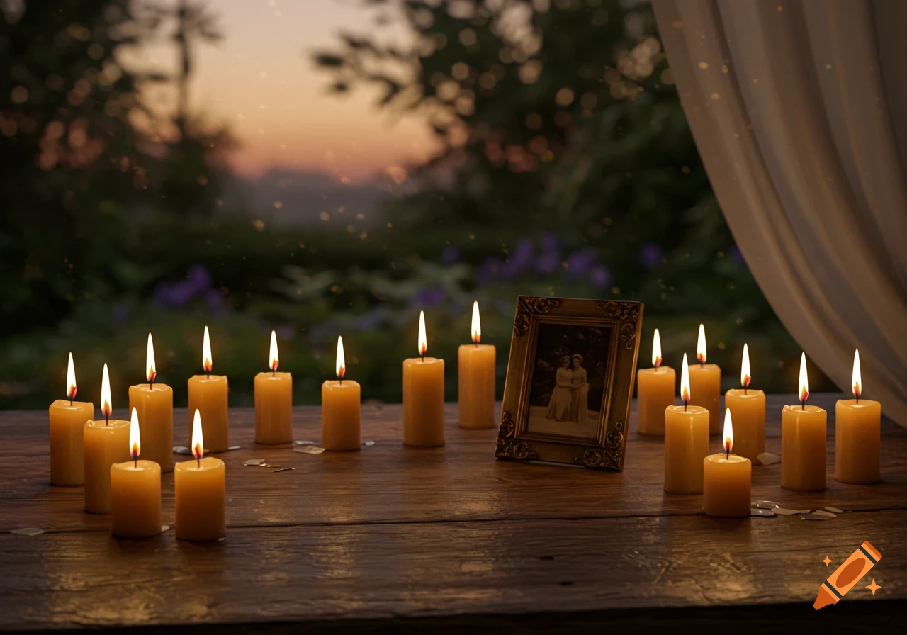 Lit candles and a framed photo of two women on a wooden table at dusk, with a soft forest background.