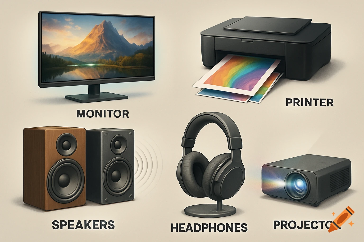 A collage of computer output devices: monitor, printer, speakers, headphones, and a projector, each labeled with its name.
