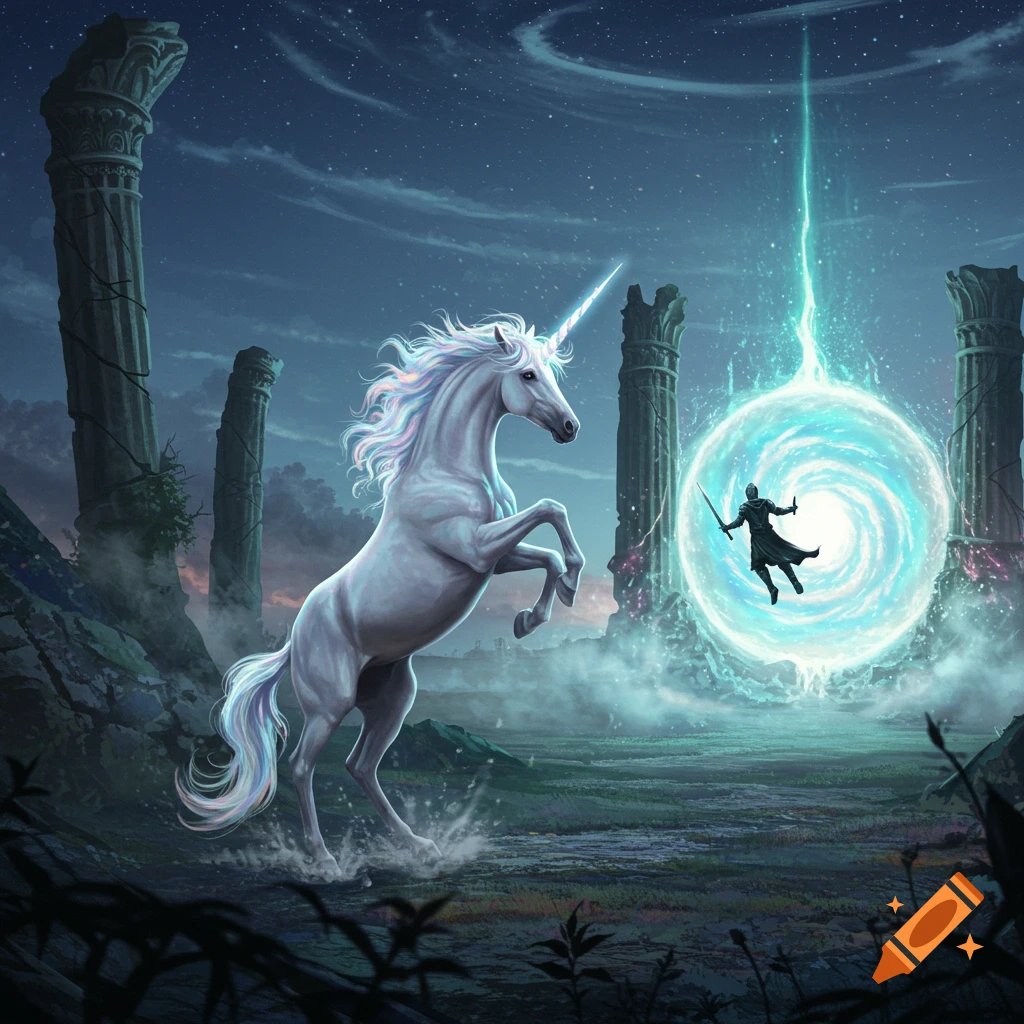 A white unicorn rears up in a mystical landscape with ancient ruins, facing a glowing blue swirling portal from which a silhouetted knight emerges, holding a sword.