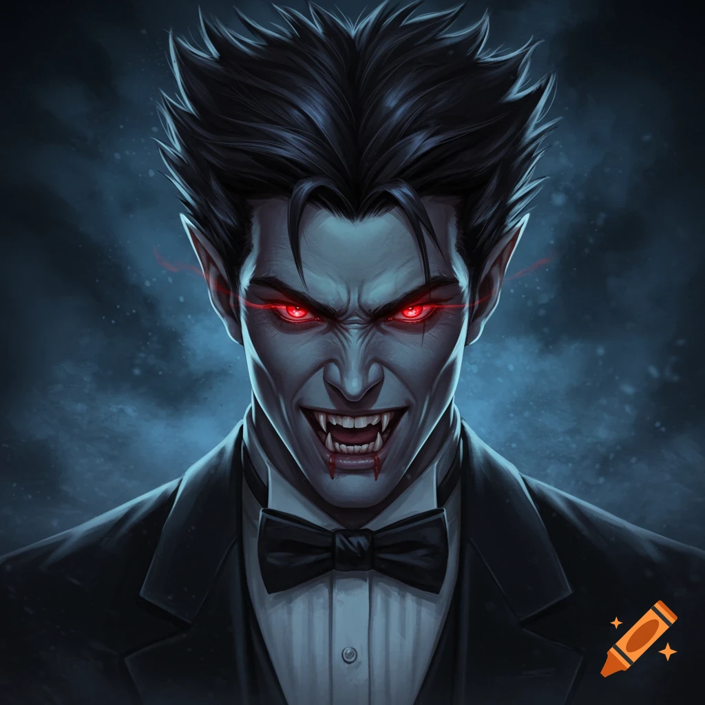 A stylized illustration of a handsome vampire with spiky black hair, glowing red eyes, fangs, and blood on his mouth, wearing a tuxedo.