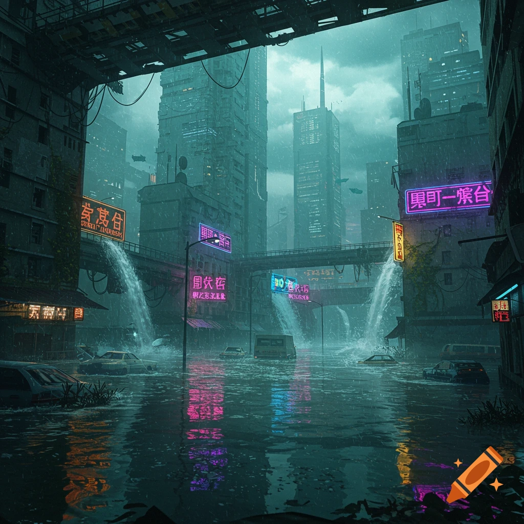 A dark, futuristic city in 2025 with tall skyscrapers and neon signs, heavily flooded by rain, with submerged cars and water cascading from elevated structures.